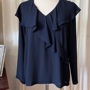 LOFT Navy Blouse with Ruffle Accents